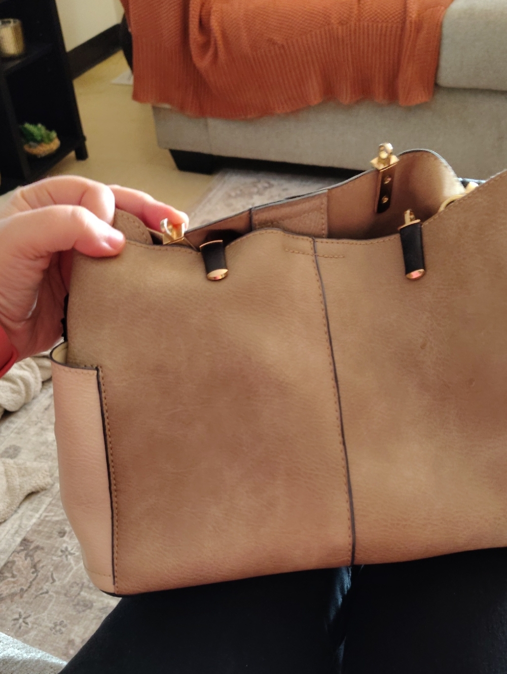 Source Unknown Taupe and Blush Pebbled Shoulder Tote with Gold Hardware